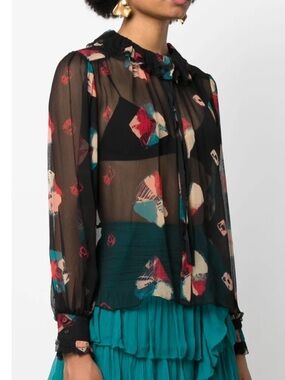 Ulla Johnson Pippa Abstract Floral Print Tie Neck Silk Blouse In Black Sz 4